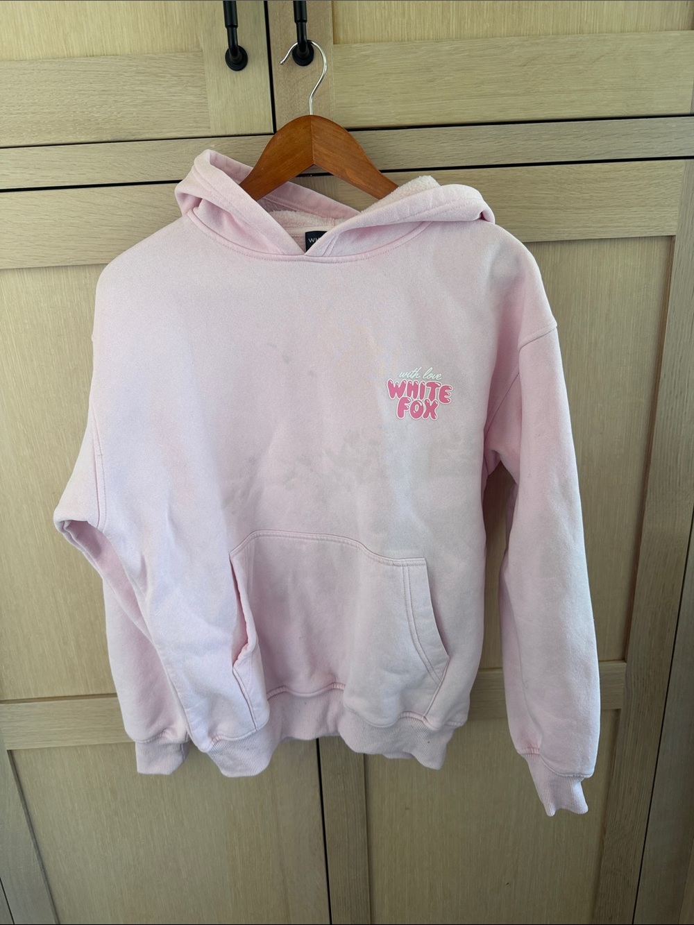 White Fox Boutique Pastel Pink Logo Hoodie with stain